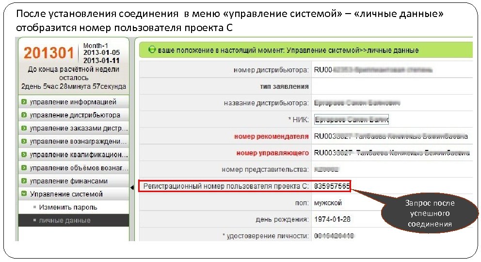 После установления соединения в меню «управление системой» – «личные данные» отобразится номер пользователя проекта