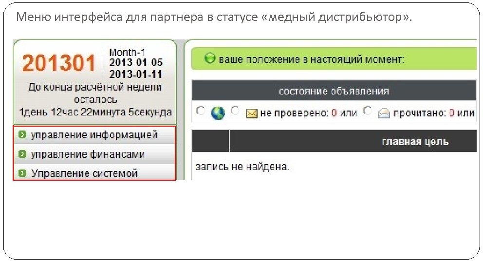 Меню интерфейса для партнера в статусе «медный дистрибьютор» . 