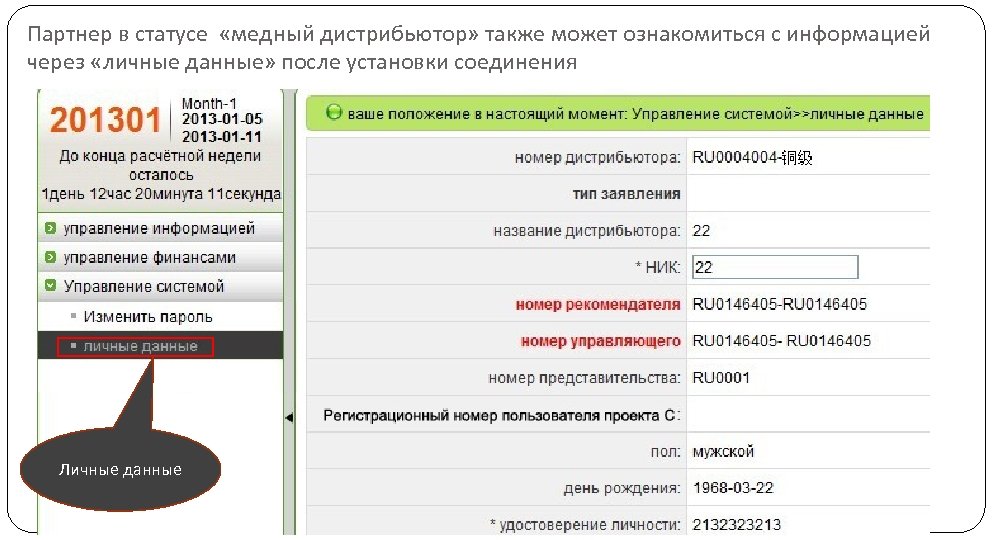 Партнер в статусе «медный дистрибьютор» также может ознакомиться с информацией через «личные данные» после