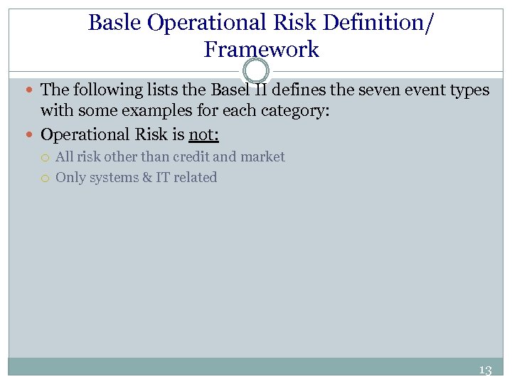 Basle Operational Risk Definition/ Framework The following lists the Basel II defines the sevent