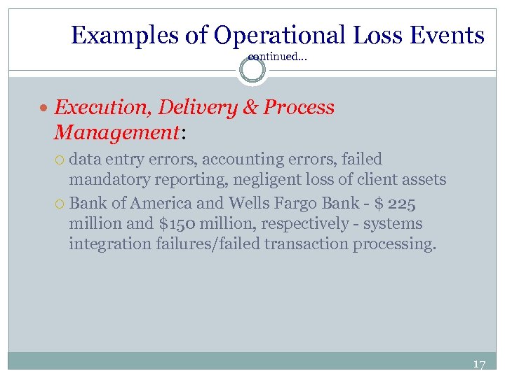 Examples of Operational Loss Events continued. . . Execution, Delivery & Process Management: data