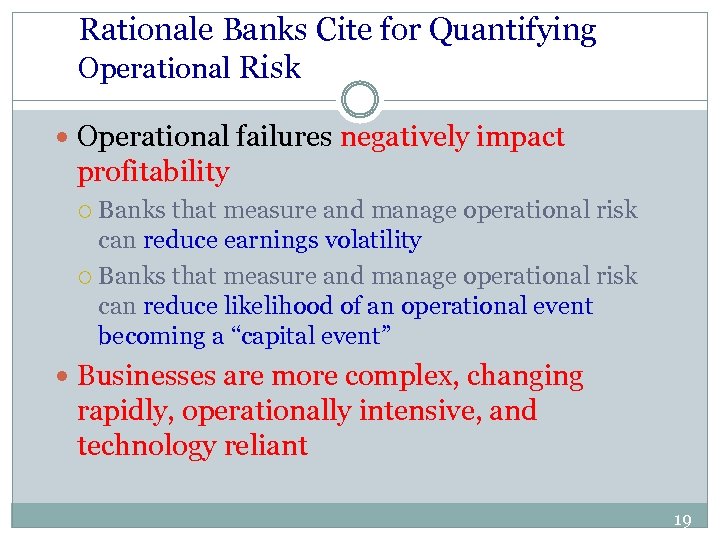 Rationale Banks Cite for Quantifying Operational Risk Operational failures negatively impact profitability Banks that