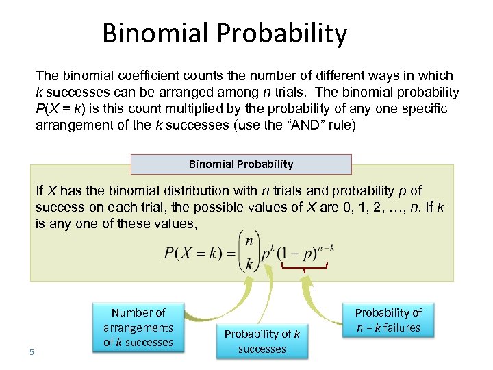Binomial Probability The binomial coefficient counts the number of different ways in which k