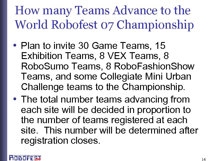 How many Teams Advance to the World Robofest 07 Championship • Plan to invite