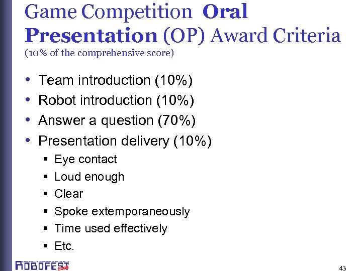 Game Competition Oral Presentation (OP) Award Criteria (10% of the comprehensive score) • •