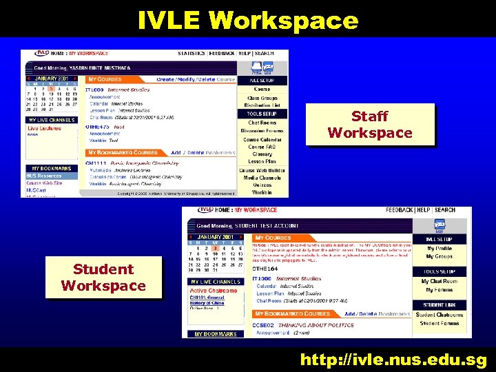 IVLE Workspace Staff Workspace Student Workspace http: //ivle. nus. edu. sg 