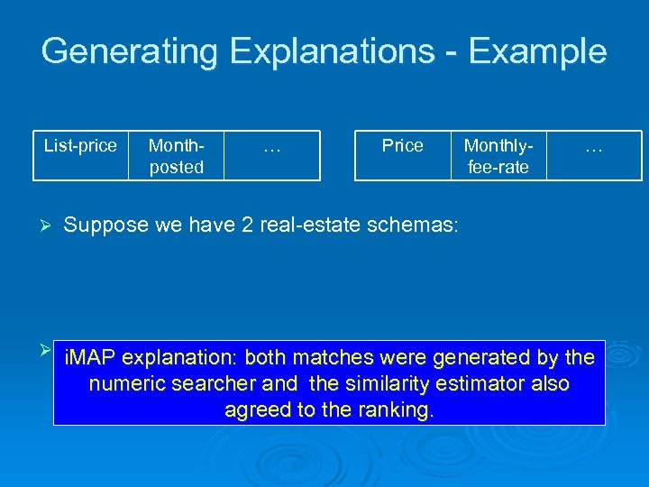 Generating Explanations - Example List-price Monthposted … Price Monthlyfee-rate … Ø Suppose we have