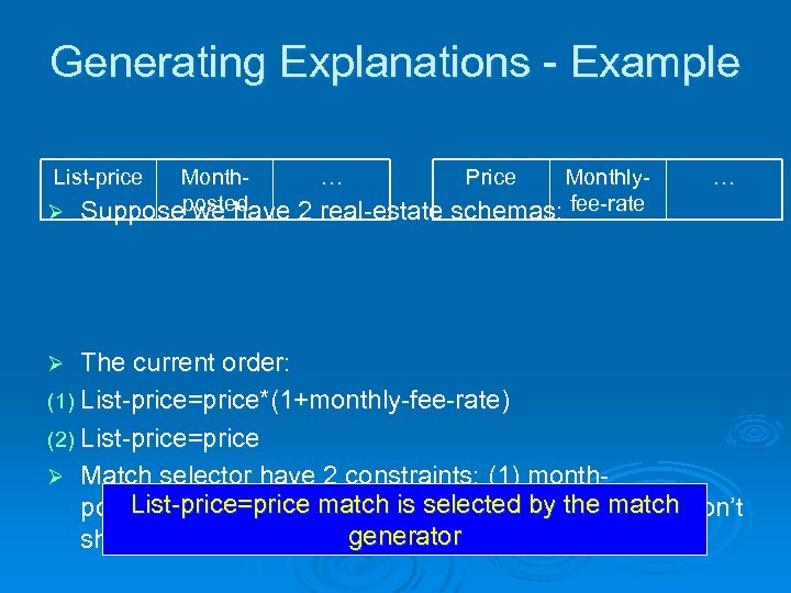 Generating Explanations - Example List-price Month… Price MonthlyØ Supposeposted we have 2 real-estate schemas: