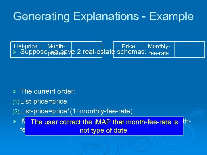 Generating Explanations - Example List-price Month… Price MonthlyØ Suppose posted we have 2 real-estate