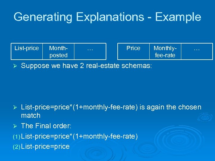 Generating Explanations - Example List-price Ø Monthposted … Price Monthlyfee-rate … Suppose we have