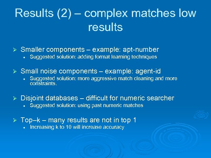Results (2) – complex matches low results Ø Smaller components – example: apt-number l