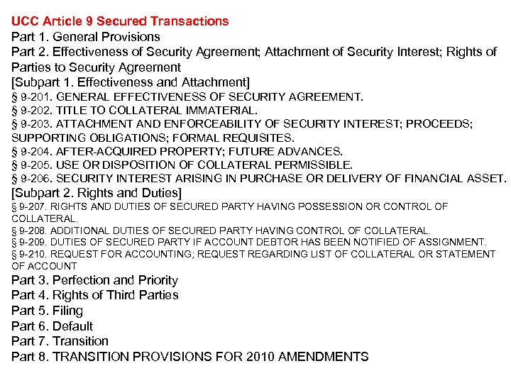 UCC Article 9 Secured Transactions Part 1. General Provisions Part 2. Effectiveness of Security