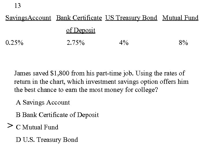 13 Savings. Account Bank Certificate US Treasury Bond Mutual Fund of Deposit 0. 25%