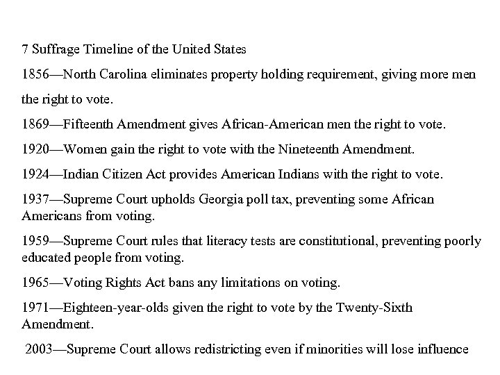 7 Suffrage Timeline of the United States 1856—North Carolina eliminates property holding requirement, giving