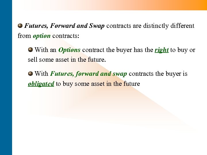 Futures, Forward and Swap contracts are distinctly different from option contracts: With an Options