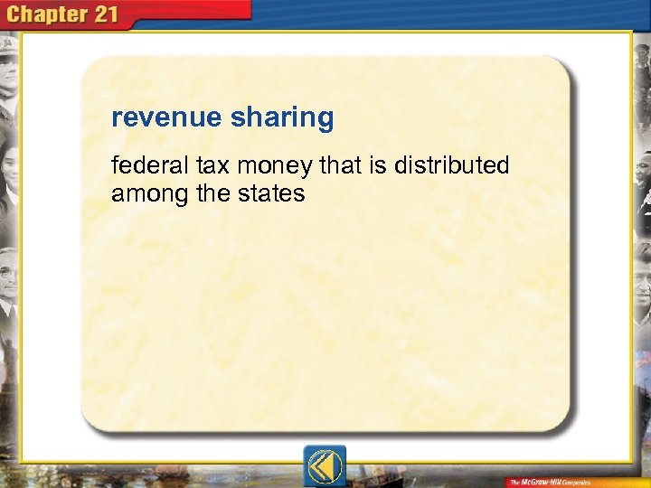 revenue sharing  federal tax money that is distributed among the states 