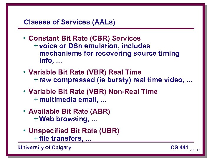 Classes of Services (AALs) • Constant Bit Rate (CBR) Services + voice or DSn