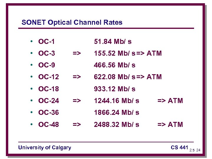 SONET Optical Channel Rates • OC-1 • OC-3 51. 84 Mb/ s => •