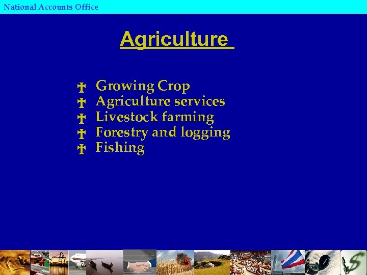 National Accounts Office Agriculture † † † Growing Crop Agriculture services Livestock farming Forestry
