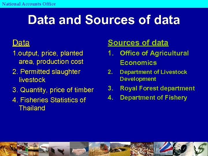 National Accounts Office Data and Sources of data Data Sources of data 1. output,