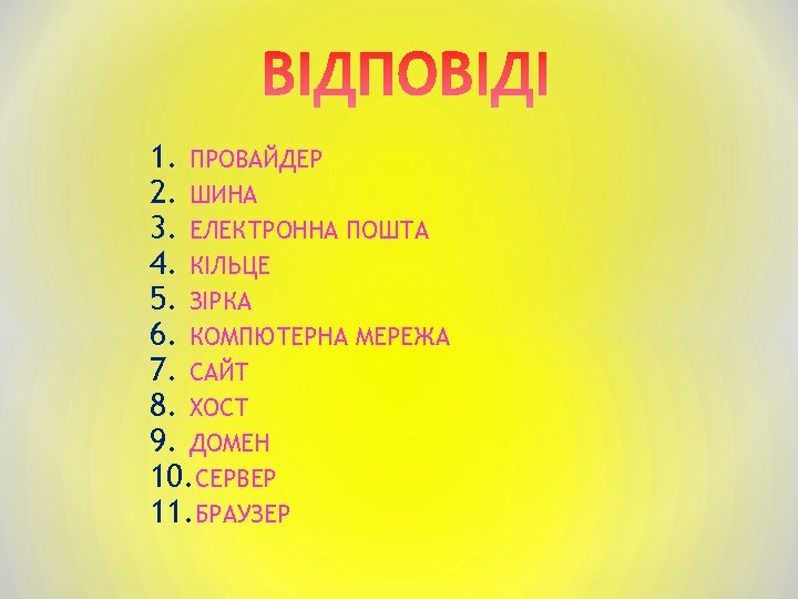 1. ПРОВАЙДЕР 2. ШИНА 3. ЕЛЕКТРОННА ПОШТА 4. КІЛЬЦЕ 5. ЗІРКА 6. КОМПЮТЕРНА МЕРЕЖА