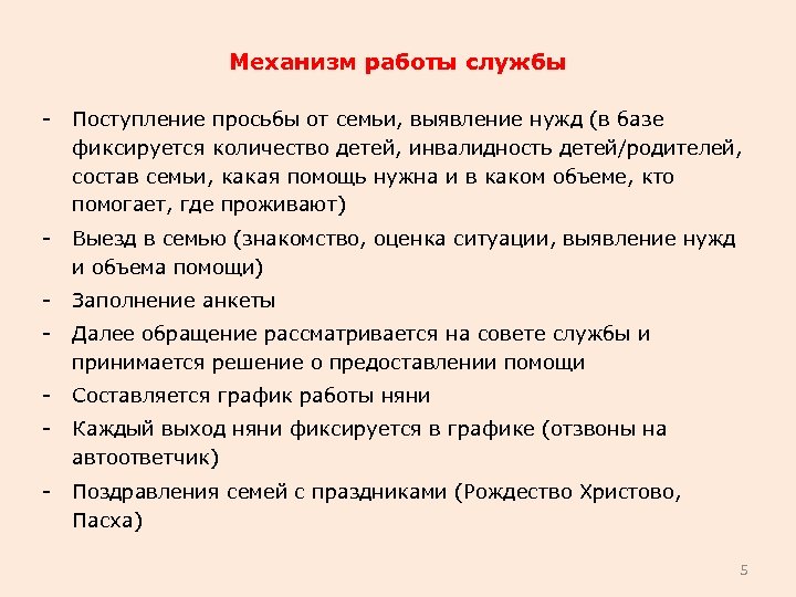 Механизм работы службы - Поступление просьбы от семьи, выявление нужд (в базе фиксируется количество