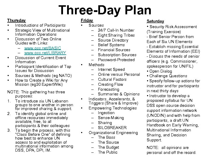 Three-Day Plan Thursday • Introductions of Participants • Strategic View of Multinational Information Operations