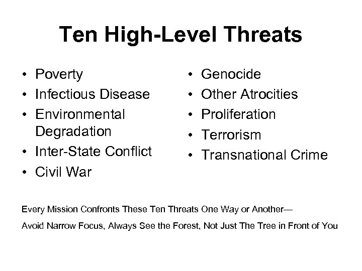 Ten High-Level Threats • Poverty • Infectious Disease • Environmental Degradation • Inter-State Conflict