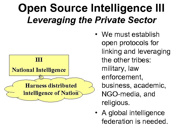 Open Source Intelligence III Leveraging the Private Sector III National Intelligence Harness distributed intelligence