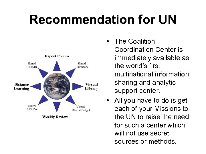 Recommendation for UN • The Coalition Coordination Center is immediately available as the world’s