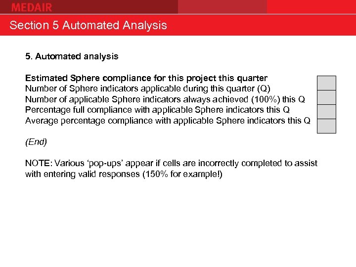 Section 5 Automated Analysis 5. Automated analysis Estimated Sphere compliance for this project this