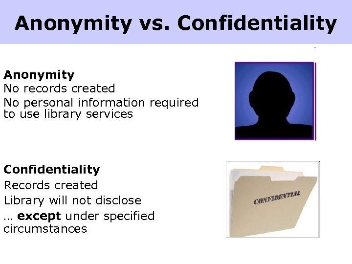 Anonymity vs. Confidentiality Anonymity No records created No personal information required to use library