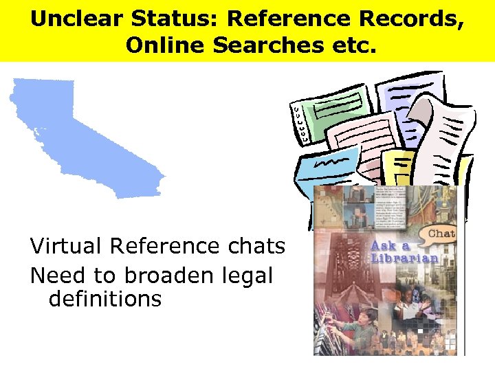 Unclear Status: Reference Records, Online Searches etc. Virtual Reference chats Need to broaden legal
