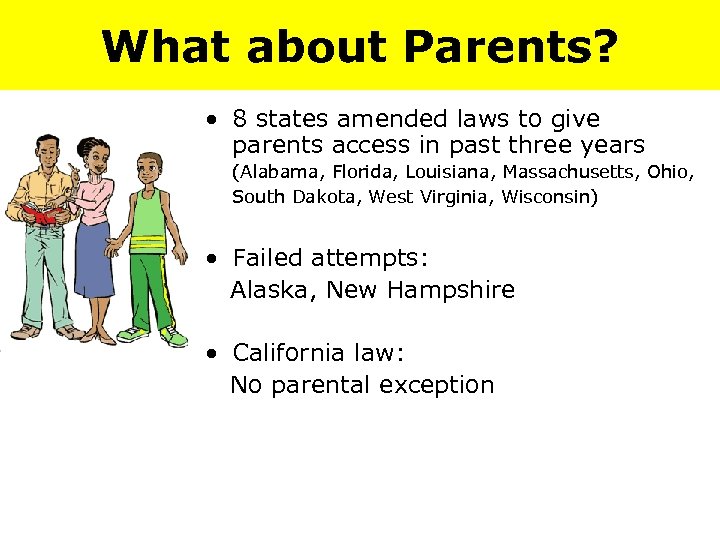 What about Parents? • 8 states amended laws to give parents access in past