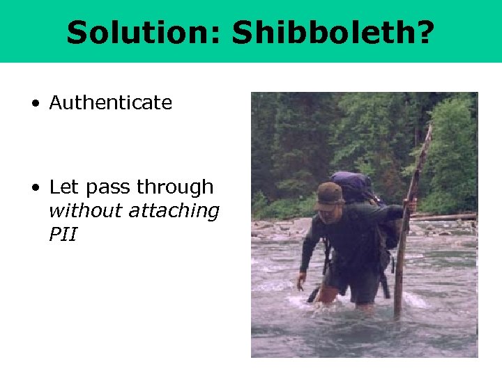 Solution: Shibboleth? • Authenticate • Let pass through without attaching PII 