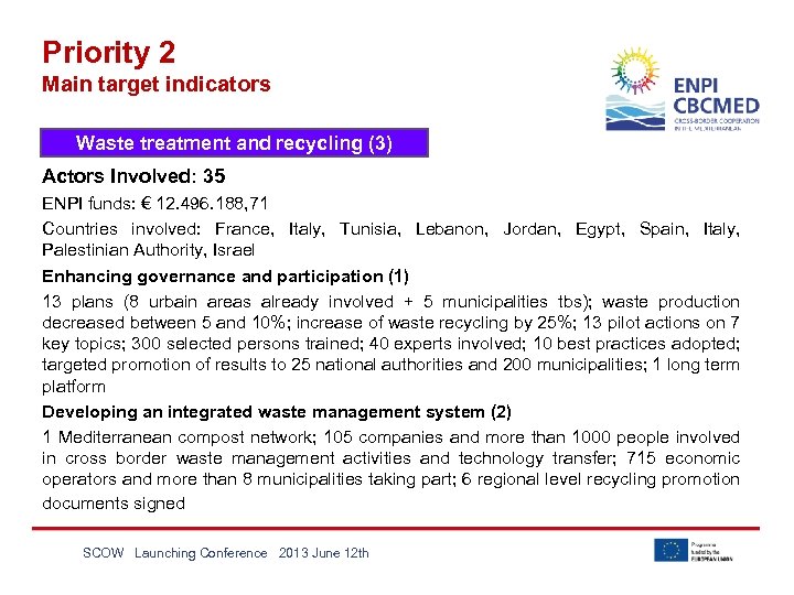 Priority 2 Main target indicators Waste treatment and recycling (3) Actors Involved: 35 ENPI