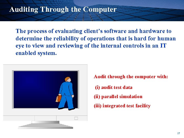 Auditing Through the Computer The process of evaluating client’s software and hardware to determine