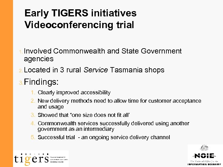 Early TIGERS initiatives Videoconferencing trial 1. Involved Commonwealth and State Government agencies 2. Located