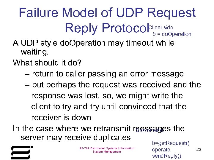 Failure Model of UDP Request side Reply Protocol. Clientdo. Operation b= A UDP style