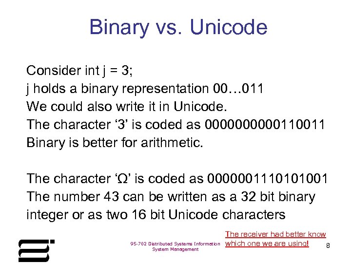 Binary vs. Unicode Consider int j = 3; j holds a binary representation 00…