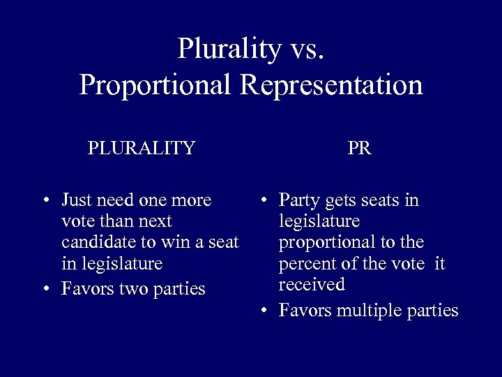 Plurality vs. Proportional Representation PLURALITY PR • Just need one more vote than next
