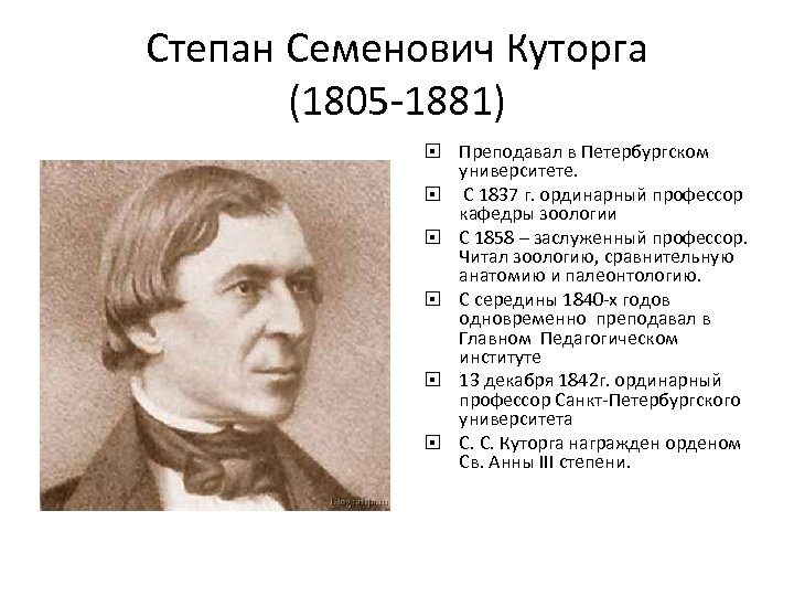 Степан Семенович Куторга (1805 -1881) Преподавал в Петербургском университете. С 1837 г. ординарный профессор