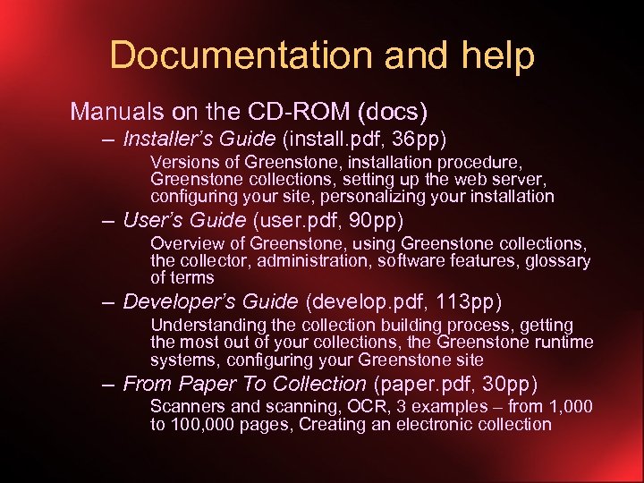 Documentation and help Manuals on the CD-ROM (docs) – Installer’s Guide (install. pdf, 36