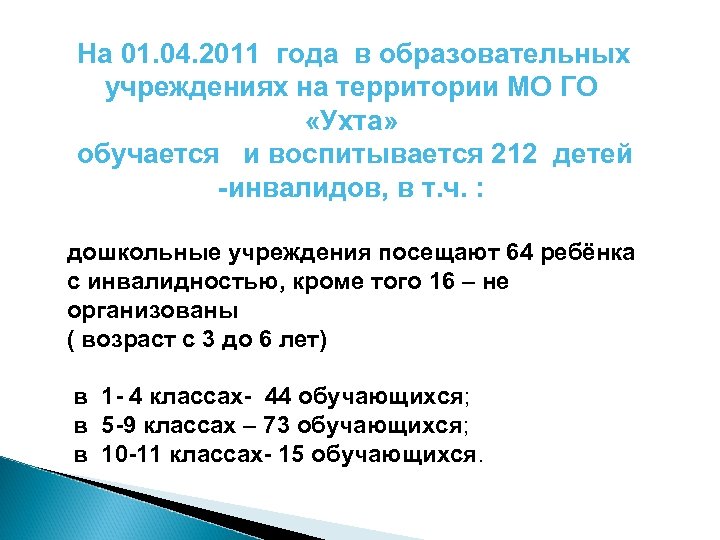 На 01. 04. 2011 года в образовательных учреждениях на территории МО ГО «Ухта» обучается