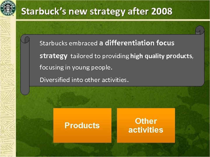 Starbuck’s new strategy after 2008 Starbucks embraced a differentiation focus strategy tailored to providing