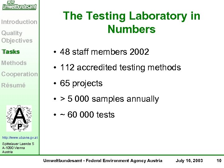 Introduction Quality Objectives The Testing Laboratory in Numbers Tasks • 48 staff members 2002