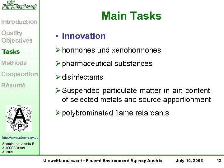 Introduction Main Tasks Quality Objectives • Innovation Tasks Ø hormones und xenohormones Methods Ø