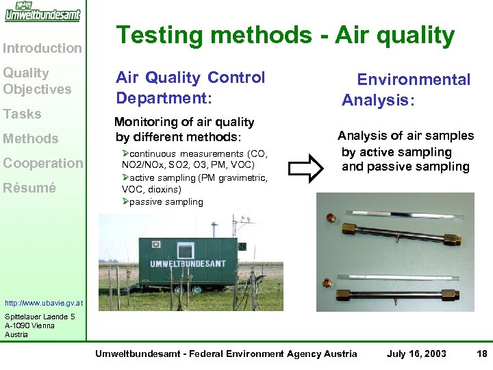 Introduction Quality Objectives Tasks Methods Cooperation Résumé Testing methods - Air quality Air Quality