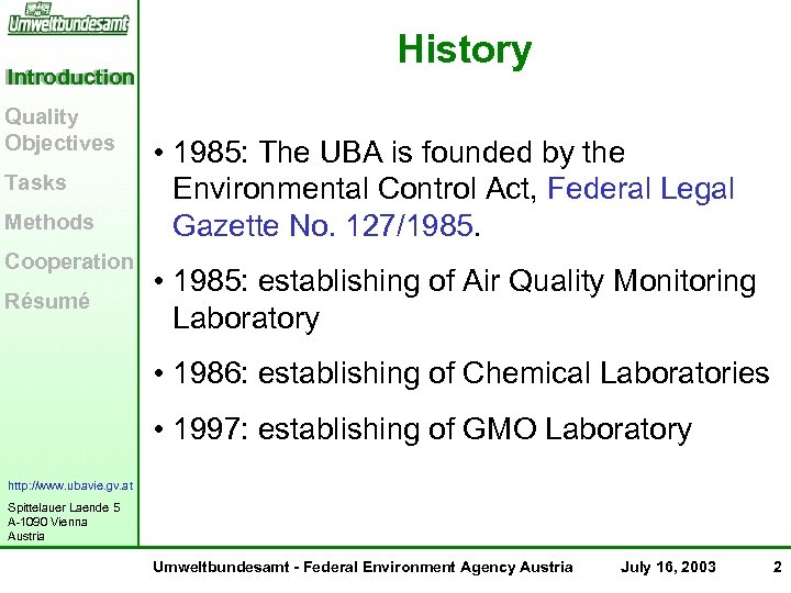 Introduction Quality Objectives Tasks Methods Cooperation Résumé History • 1985: The UBA is founded