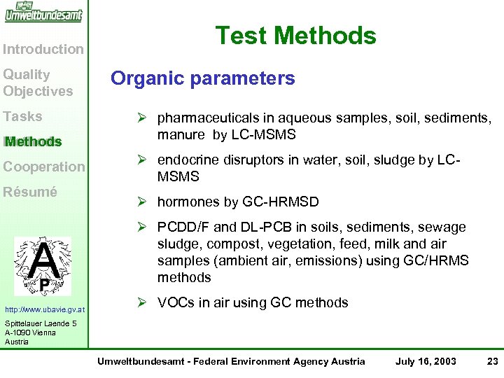 Introduction Quality Objectives Tasks Methods Cooperation Résumé Test Methods Organic parameters Ø pharmaceuticals in